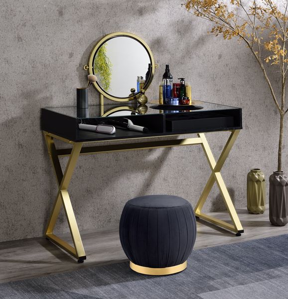 ACME Bedroom Vanity - ACME Coleen Vanity Desk w/Mirror & Jewelry Tray, Black & Gold Finish