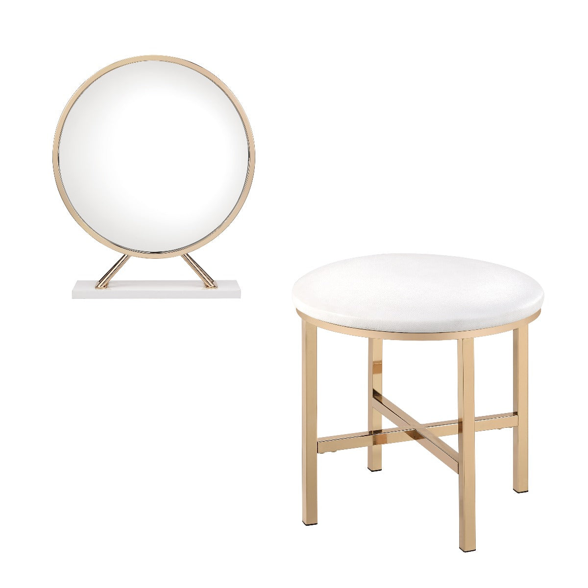 ACME Mirrors - ACME Midriaks Mirror & Stool, PU, White & Gold Finish