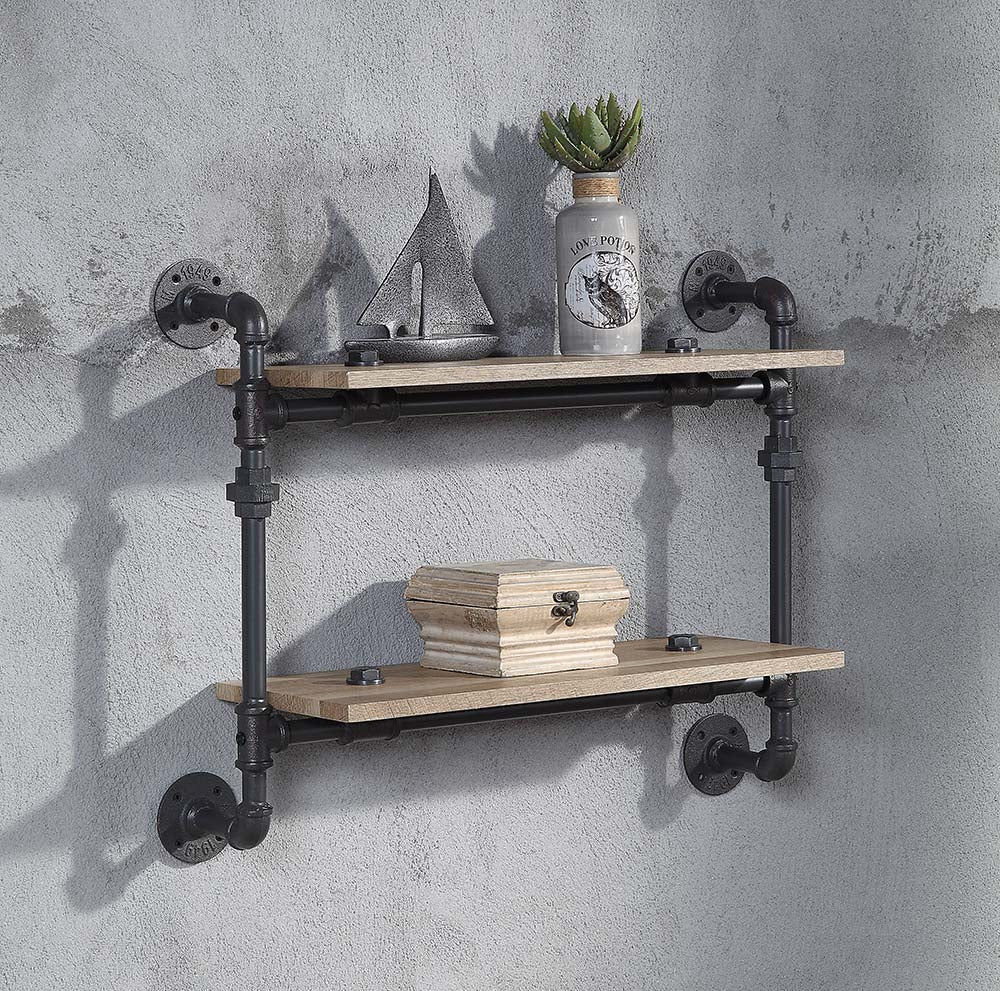 ACME Bookcases & Display Units - ACME Brantley Wall Rack w/2 Shelves, Oak & Sandy Black Finish