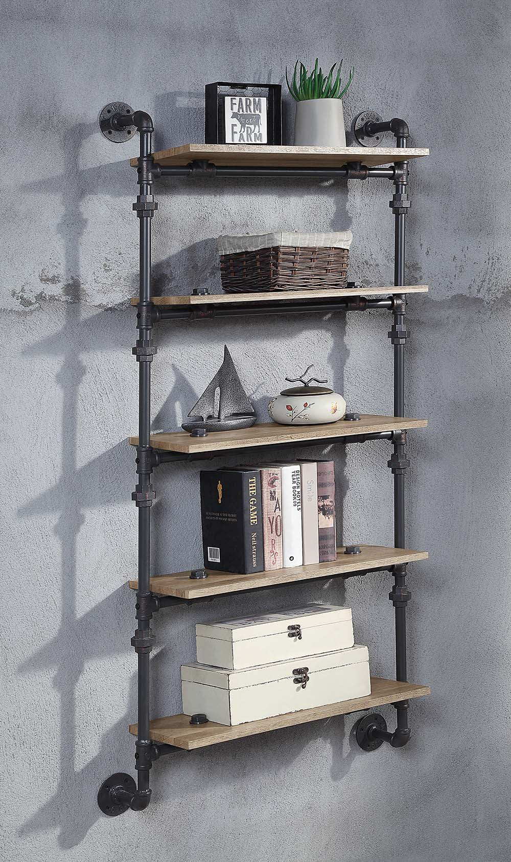 ACME Bookcases & Display Units - ACME Brantley Wall Rack w/5 Shelves, Oak & Sandy Black Finish