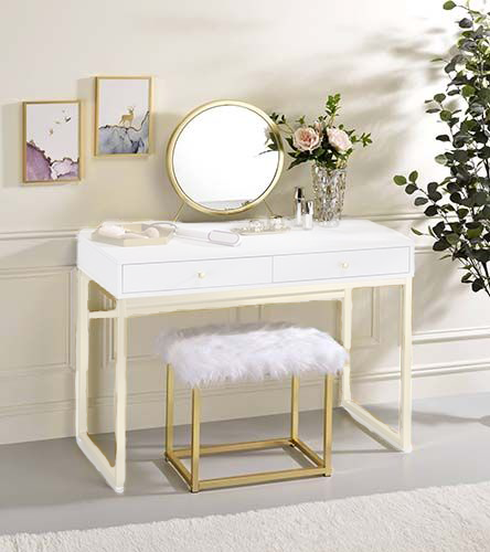 ACME Mirrors - ACME Adao Vanity Mirror & Stool, Faux Fur, Mirror, White & Brass Finish