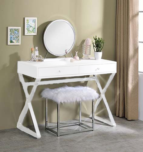 ACME Mirrors - ACME Adao Vanity Mirror & Stool, Faux Fur, Mirror, White & Chrome Finish