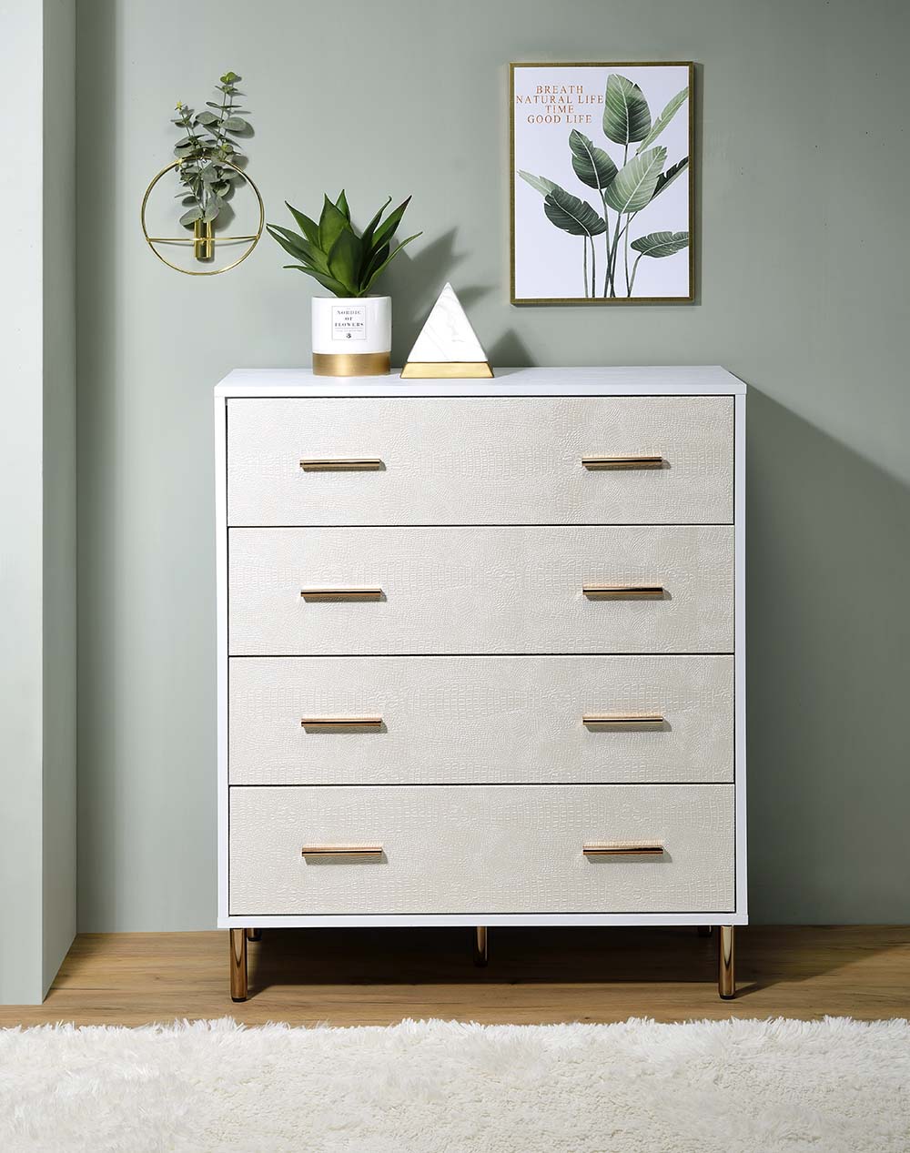 ACME Chest of Drawers - ACME Myles Chest, White, Champagne & Gold Finish