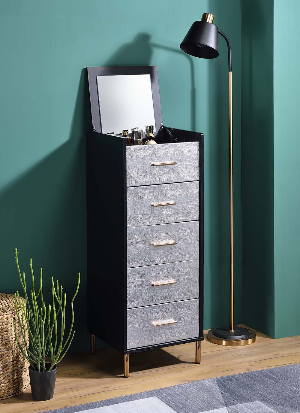 ACME Jewelry Armoire - ACME Myles Jewelry Armoire, Black, Silver & Gold Finish