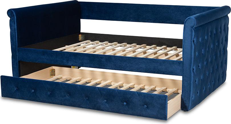 Wholesale Interiors Daybeds - Amaya Modern and Contemporary Blue Velvet Queen Size Daybed with Trundle