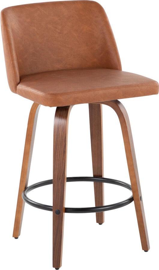 Lumisource Barstools - Toriano 26" Fixed Height Counter Stool With Swivel In Walnut Wood Camel Faux Leather (Set of 2)