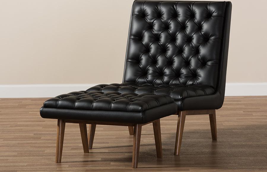 Wholesale Interiors Living Room Sets - Annetha Mid-Century Modern Black Faux Leather Walnut Wood Chair And Ottoman Set