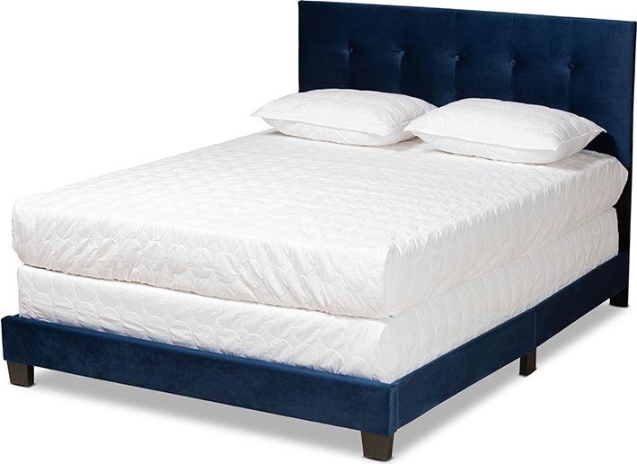 Wholesale Interiors Beds - Caprice Modern and Contemporary Glam Navy Blue Velvet Fabric Upholstered Queen Size Panel Bed