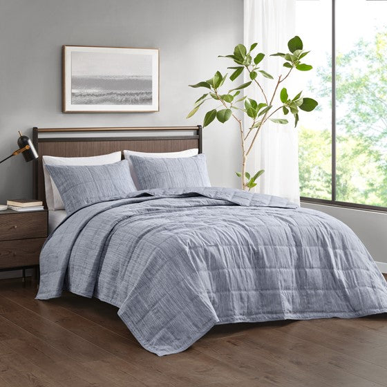 Olliix.com Coverlet - 3 Piece Striated Cationic Dyed Oversized Quilt Set Blue Full/Queen