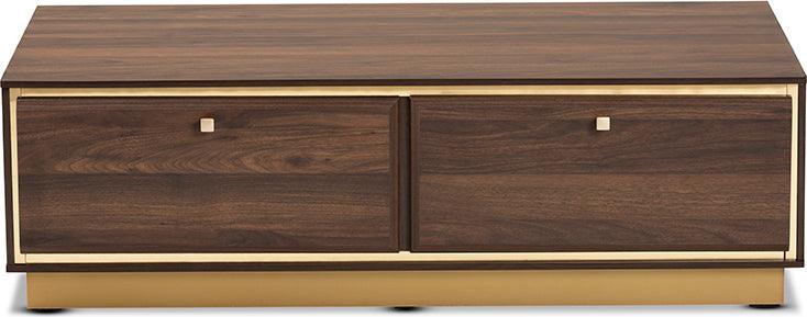 Wholesale Interiors Coffee Tables - Cormac Mid-Century Modern Brown Wood and Gold Metal 2-Drawer Coffee Table