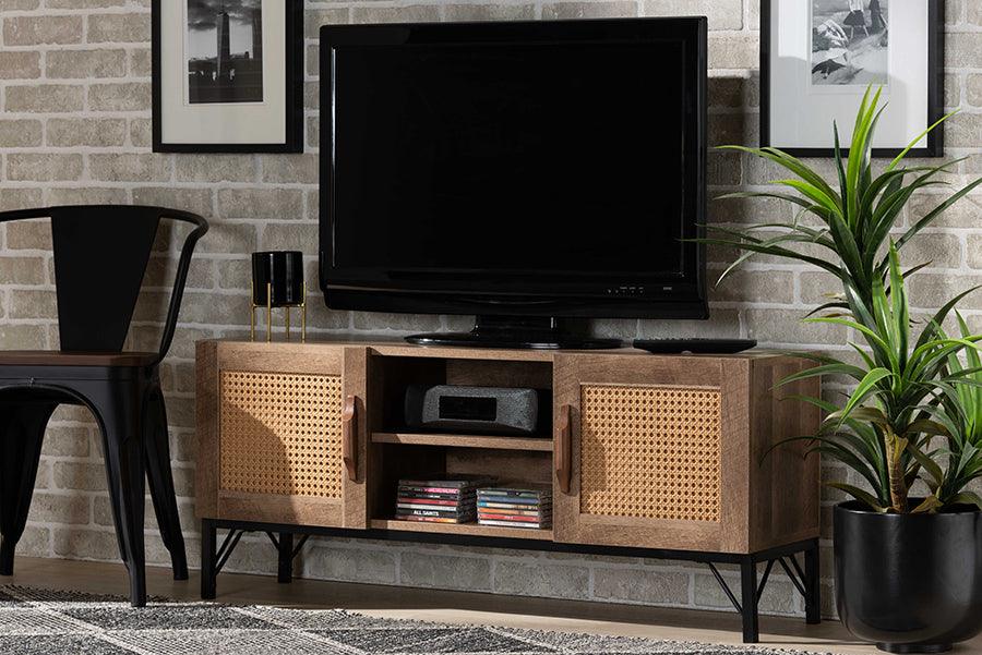 Wholesale Interiors TV & Media Units - Veanna Bohemian Brown Wood and Black Metal 2-Door TV Stand with Synthetic Rattan