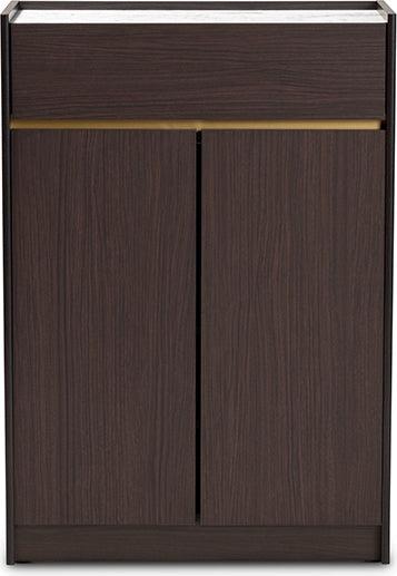 Wholesale Interiors Shoe Storage - Walker Dark Brown and Gold Finished Wood Shoe Cabinet with Faux Marble Top