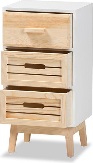 Wholesale Interiors Cabinets & Wardrobes - Kalida Mid-Century Modern Two-Tone White and Oak Brown Wood 3-Drawer Storage Cabinet