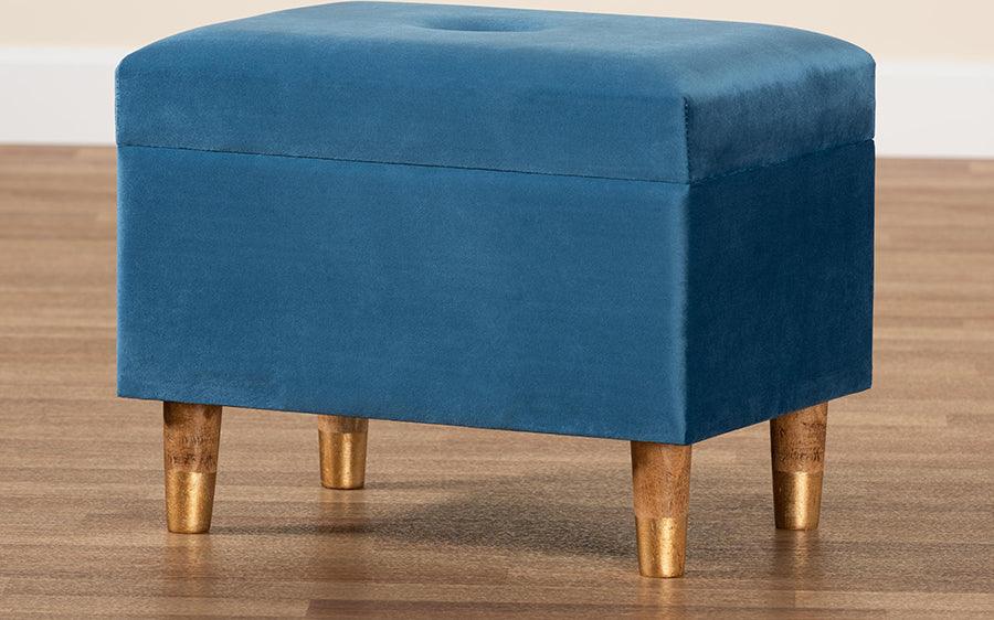 Wholesale Interiors Ottomans & Stools - Elias Sky Blue Velvet Fabric Upholstered and Oak Brown Finished Wood Storage Ottoman