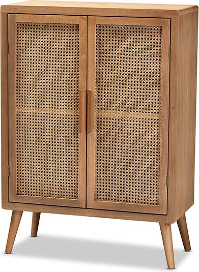 Wholesale Interiors Buffets & Cabinets - Alina Mid-Century Modern Medium Oak Finished Wood and Rattan 2-Door Accent Storage Cabinet