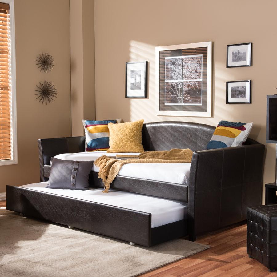 Wholesale Interiors Daybeds - London Brown Arched Back Sofa Twin Daybed with Roll-Out Trundle Guest Bed
