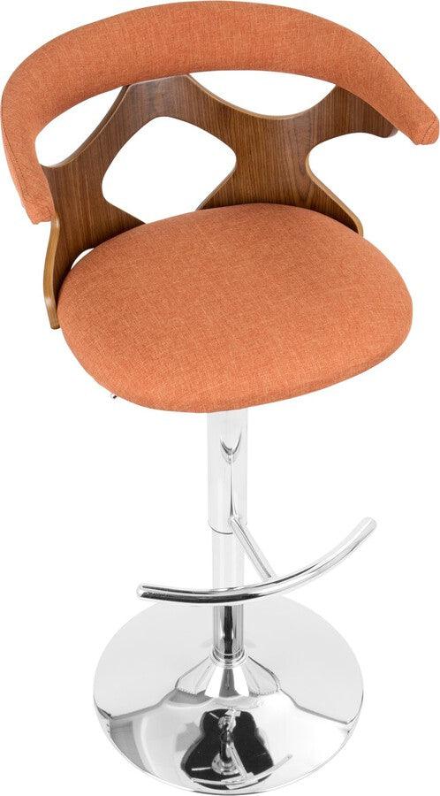 Lumisource Barstools - Gardenia Adjustable Barstool With Swivel In Chrome, Walnut Wood & Orange Fabric (Set of 2)