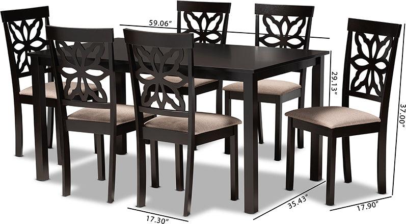 Wholesale Interiors Dining Sets - Dallas Sand Fabric Upholstered and Dark Brown Finished Wood 7-Piece Dining Set