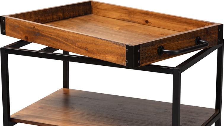 Wholesale Interiors Bar Units & Wine Cabinets - Capri Vintage Rustic Industrial Oak Brown and Black Finished Mobile Metal Bar Cart