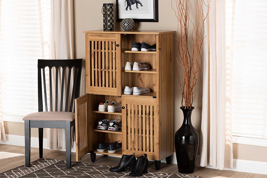 Wholesale Interiors Shoe Storage - Fernanda Oak Brown Finished Wood 4-Door Shoe Storage Cabinet