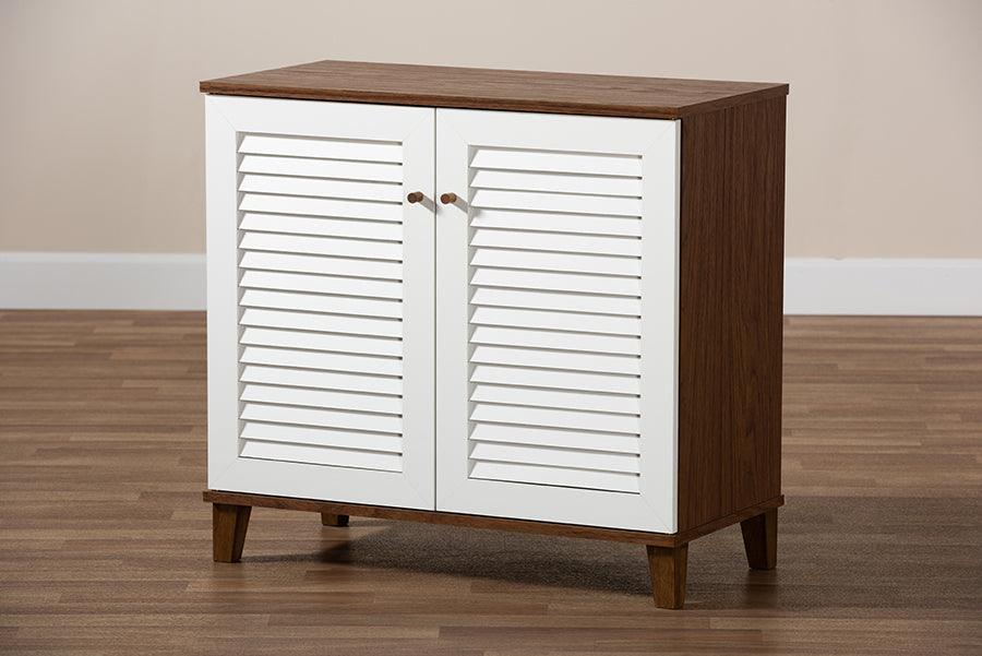 Wholesale Interiors Shoe Storage - Coolidge Contemporary White and Walnut Finished 4-Shelf Wood Shoe Storage Cabinet