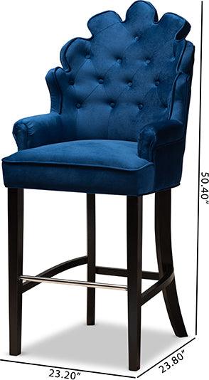 Wholesale Interiors Barstools - Chloe Navy Blue Velvet Upholstered and Dark Brown Finished Wood 2-Piece Bar Stool Set