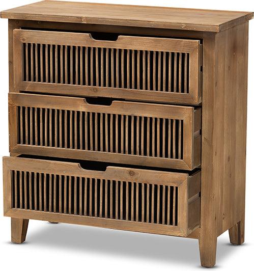 Wholesale Interiors Chest of Drawers - Clement Rustic Transitional Medium Oak Finished 3-Drawer Wood Spindle Storage Cabinet