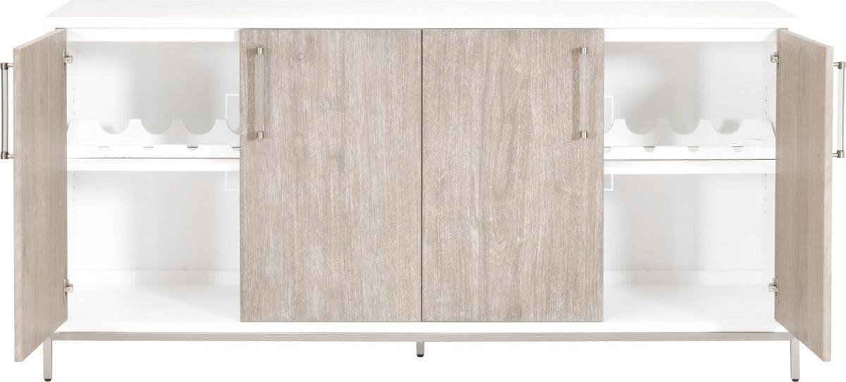 Essentials For Living TV & Media Units - Nouveau Media Sideboard Gray Natural Gray Acacia, Matte White, Brushed Stainless Steel