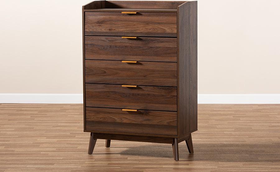 Wholesale Interiors Chest of Drawers - Lena Mid-Century Modern Walnut Brown Finished 5-Drawer Wood Chest