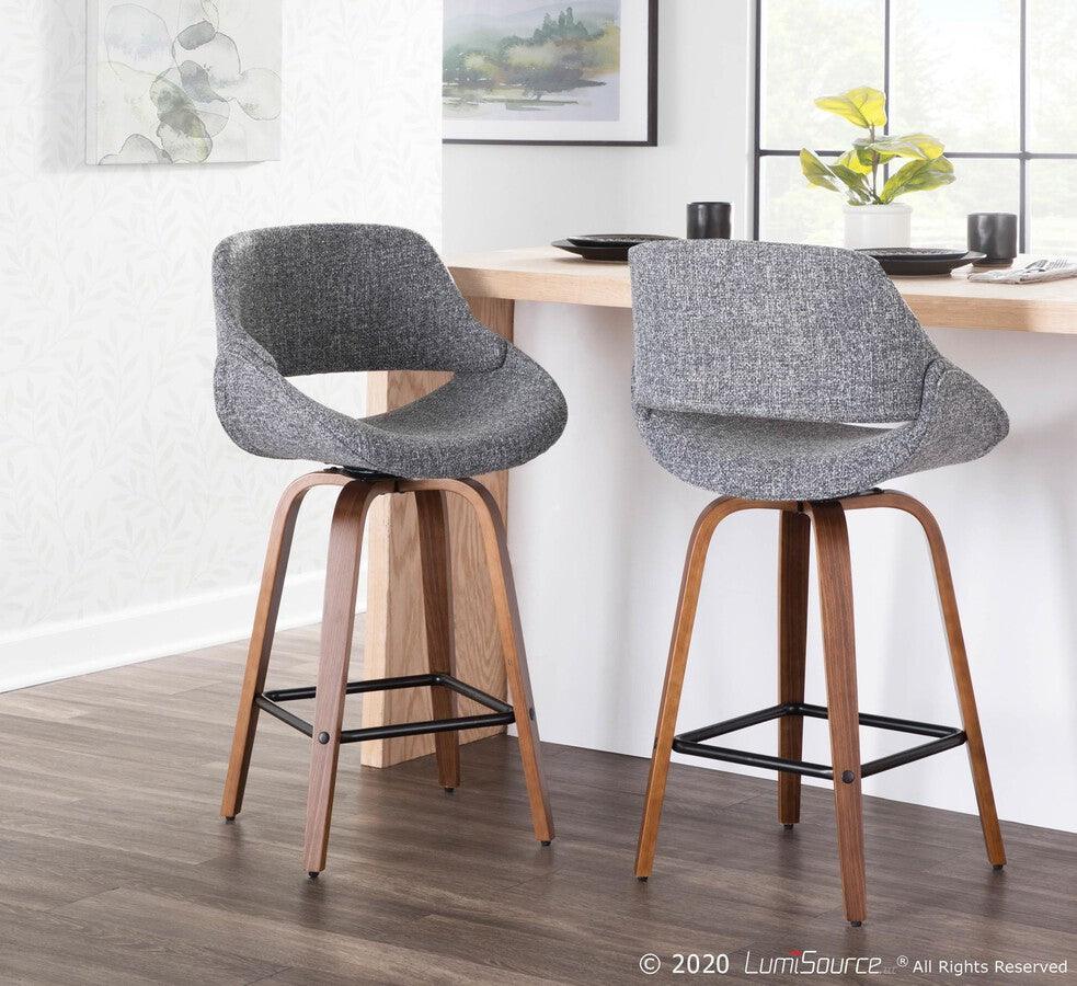 Lumisource Barstools - Fabrico Mid-Century Modern Counter Stool in Walnut and Grey Noise Fabric - Set of 2