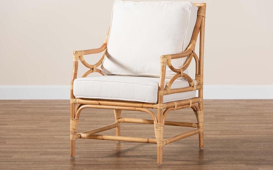 Wholesale Interiors Accent Chairs - Brandon Modern Bohemian White Fabric Upholstered and Natural Brown Rattan Armchair