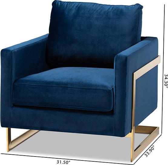 Wholesale Interiors Accent Chairs - Matteo Glam and Luxe Royal Blue Velvet Fabric Upholstered Gold Finished Armchair