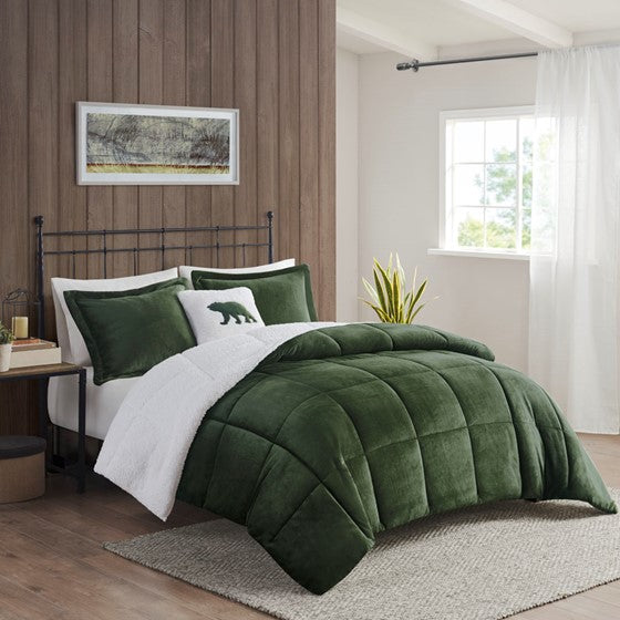 Olliix.com Comforters & Blankets - Plush to Sherpa Down Alternative Comforter Set Green/Ivory Full/Queen