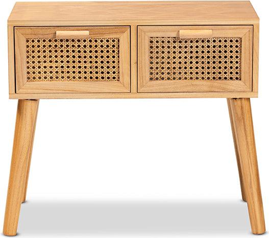 Wholesale Interiors Consoles - Falan Mid-Century Modern Oak Brown Finished Wood 2-Drawer Console Table with Rattan