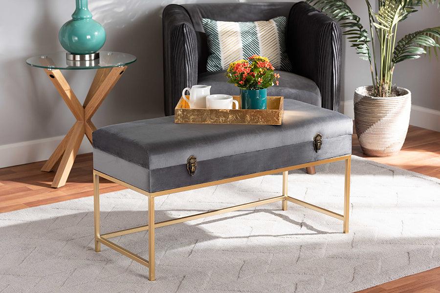 Wholesale Interiors Ottomans & Stools - Aliana Glame Grey Velvet Fabric Upholstered and Gold Finished Metal Large Storage Ottoman