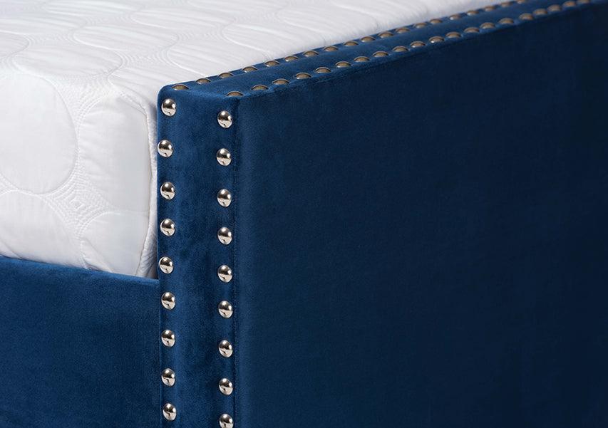 Wholesale Interiors Daybeds - Raphael Navy Blue Velvet Fabric Upholstered Full Size Daybed with Trundle