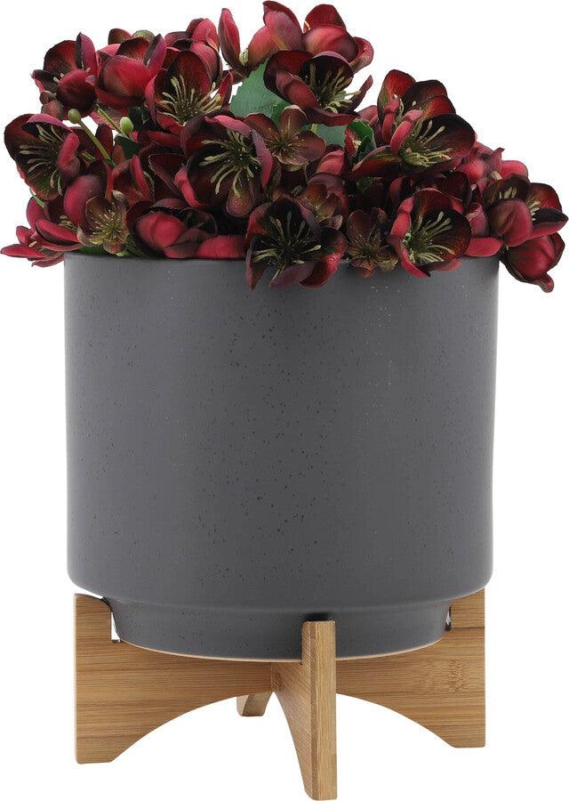 Sagebrook Home Planters - Set Of 2 8/10" Planter W/ Wood Stand Matte Gray