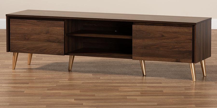 Wholesale Interiors TV & Media Units - Landen Mid-Century Modern Walnut Brown and Gold Finished Wood TV Stand