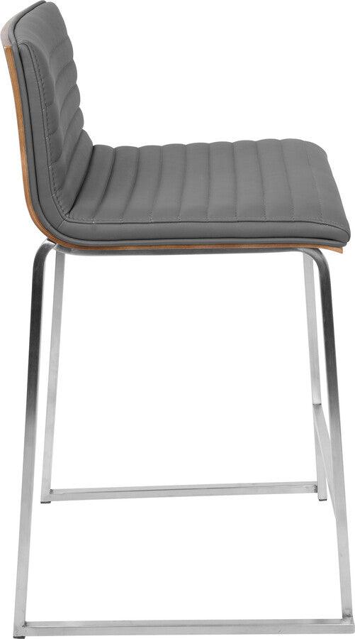 Lumisource Barstools - Mara 26" Contemporary Counter Stool in Brushed Stainless Steel, Walnut Wood, and Grey Faux Leather