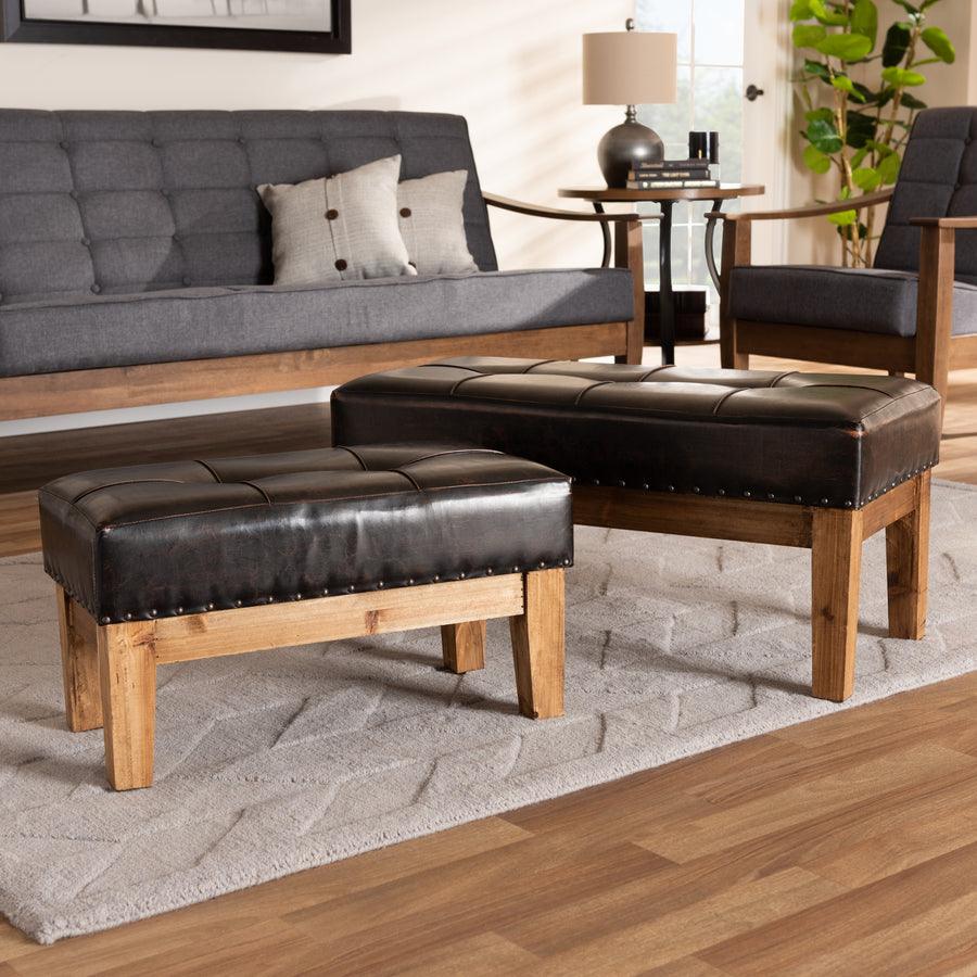 Wholesale Interiors Living Room Sets - Lenza Rustic Dark Brown Faux Leather Upholstered 2-Piece Wood Ottoman Set