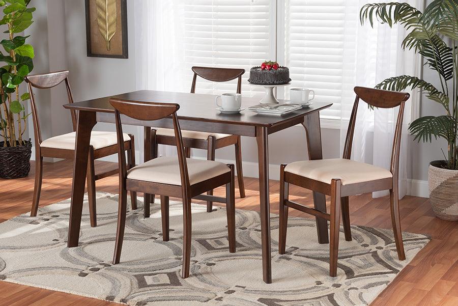 Wholesale Interiors Dining Sets - Delphina Mid-Century Modern Cream Fabric And Dark Brown Finished Wood 5-Piece Dining Set