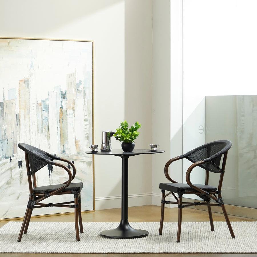 Euro Style Dining Chairs - Jannie Stacking Armchair in Black Textylene Mesh with Brown Frame - Set of 2