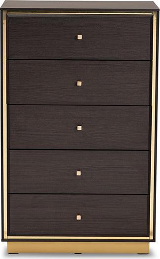 Wholesale Interiors Chest of Drawers - Cormac Mid-Century Modern Dark Brown Wood and Gold Metal 5-Drawer Storage Chest