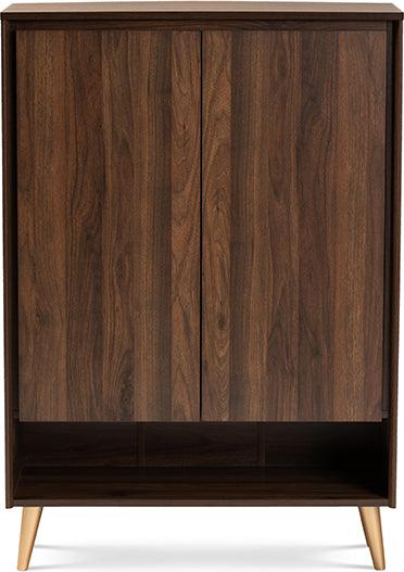 Wholesale Interiors Shoe Storage - Landen Mid-Century Modern Brown and Gold Wood 2-Door Entryway Shoe storage Cabinet