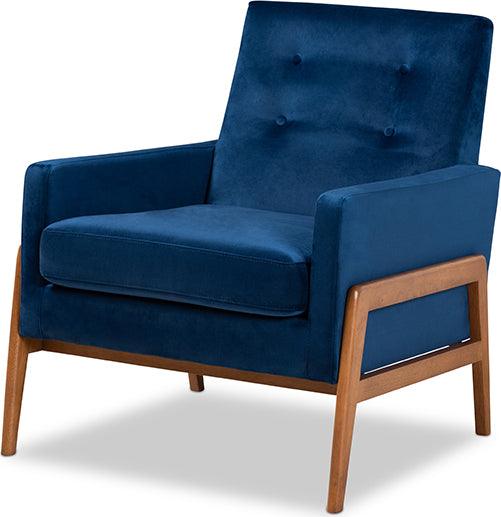 Wholesale Interiors Accent Chairs - Perris Navy Blue Velvet Fabric Upholstered and Walnut Brown Finished Wood Lounge Chair