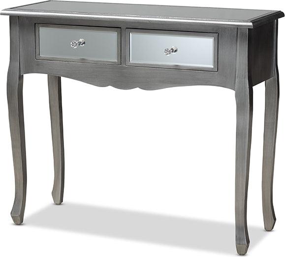 Wholesale Interiors Consoles - Leonie French Brushed Silver Finished Wood And Mirrored Glass 2-Drawer Console Table