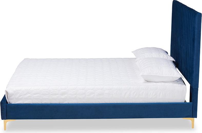 Wholesale Interiors Beds - Serrano Glam and Luxe Navy Blue Velvet Fabric Upholstered and Gold Metal King Size Platform Bed