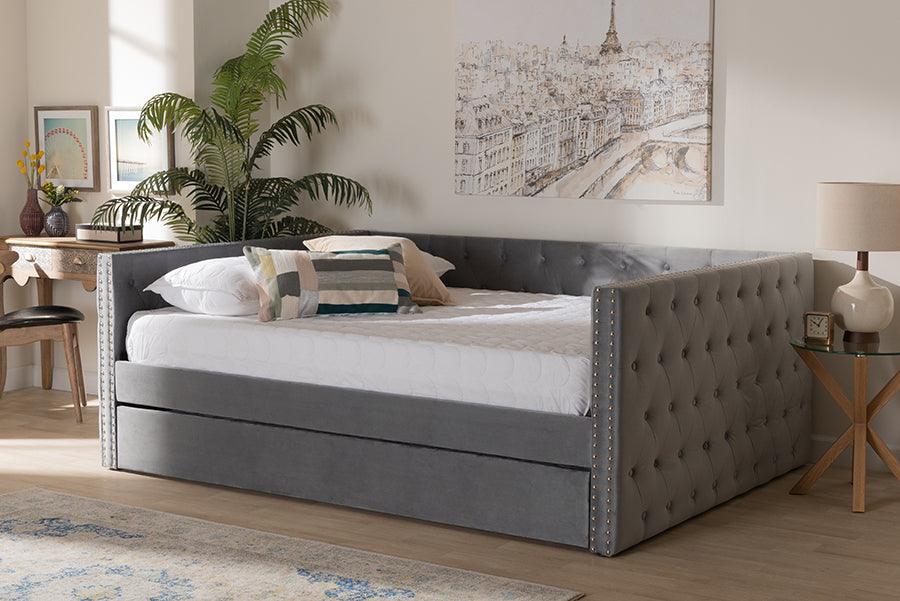 Wholesale Interiors Daybeds - Larkin Grey Velvet Fabric Upholstered Queen Size Daybed with Trundle