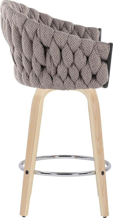 Lumisource Barstools - Braided Matisse Counter Stool With Natural Wood Legs & Round Chrome Footrest With Grey (Set of 2)