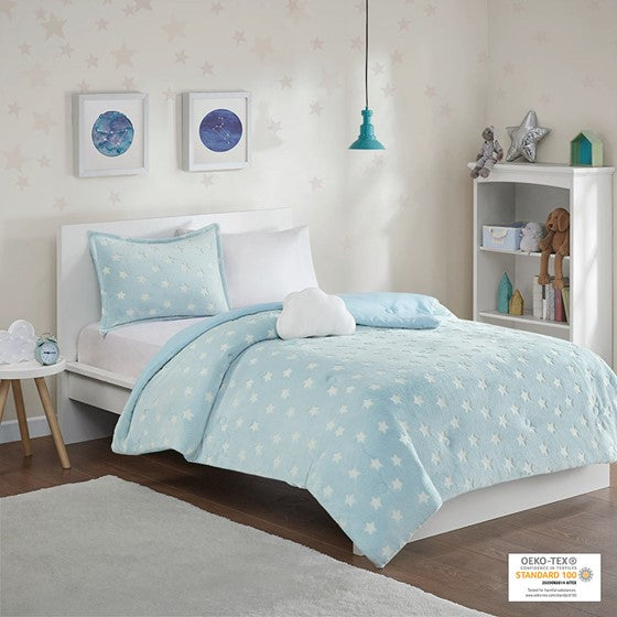 Olliix.com Comforters & Blankets - Glow In The Dark Plush Comforter Set Aqua Twin